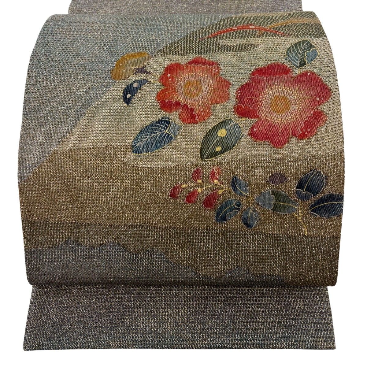 【美品】 袋帯 秀品 草花 露芝 金糸 箔 茶緑色 お太鼓柄 正絹 【中古】