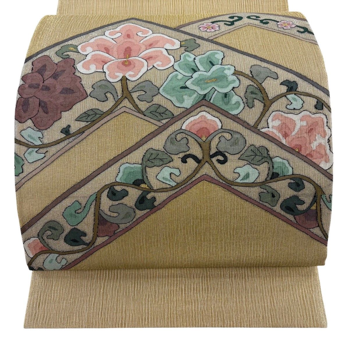袋帯 秀品 夏帯 花唐草 金銀糸 金色 お太鼓柄 正絹 【中古】
