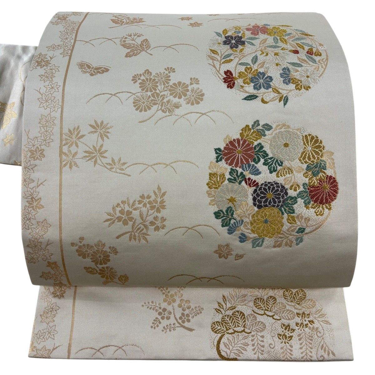 名古屋帯 秀品 金糸 箔 ベージュ 正絹 【中古】