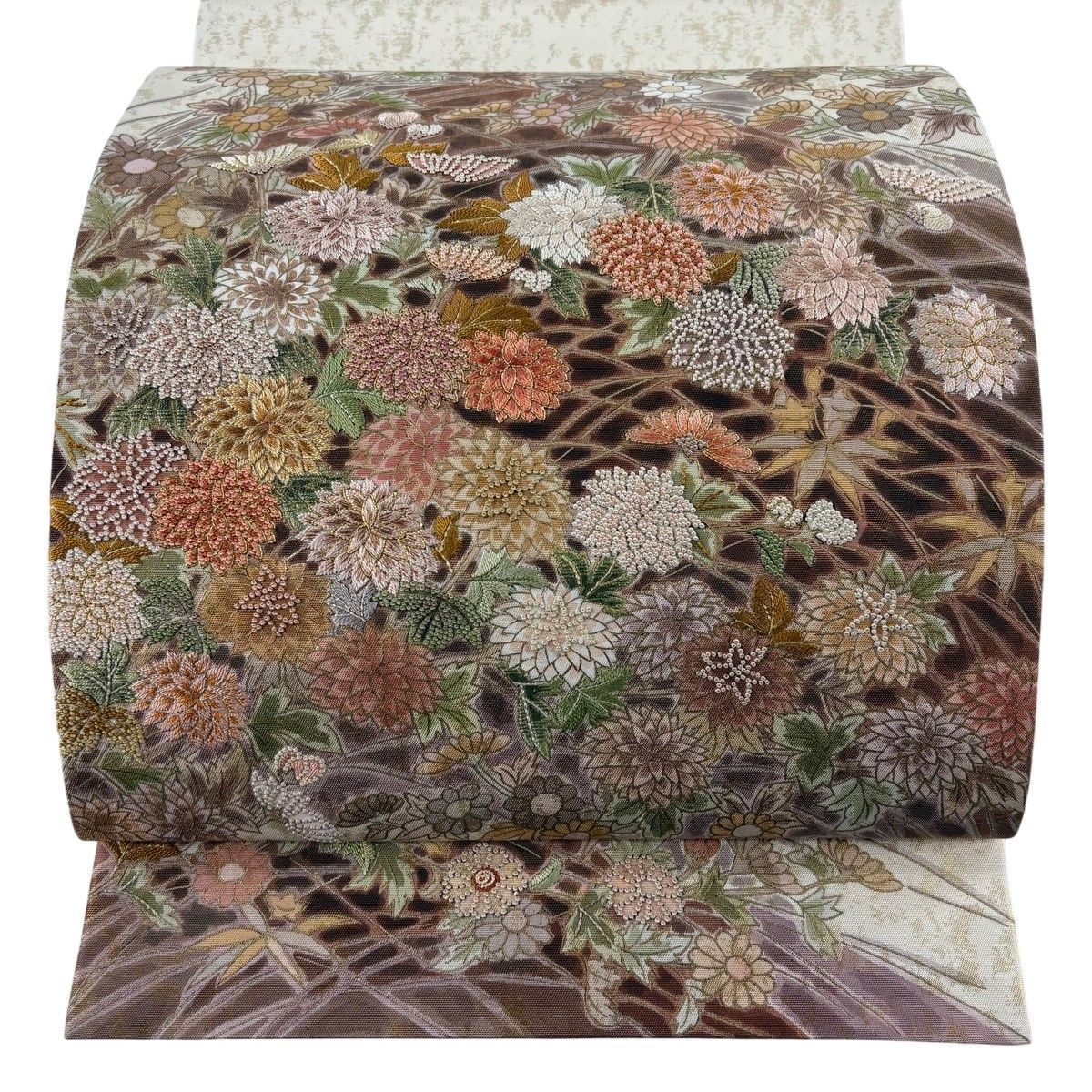 袋帯 秀品 草花 刺繍 箔 クリーム お太鼓柄 正絹 【中古】
