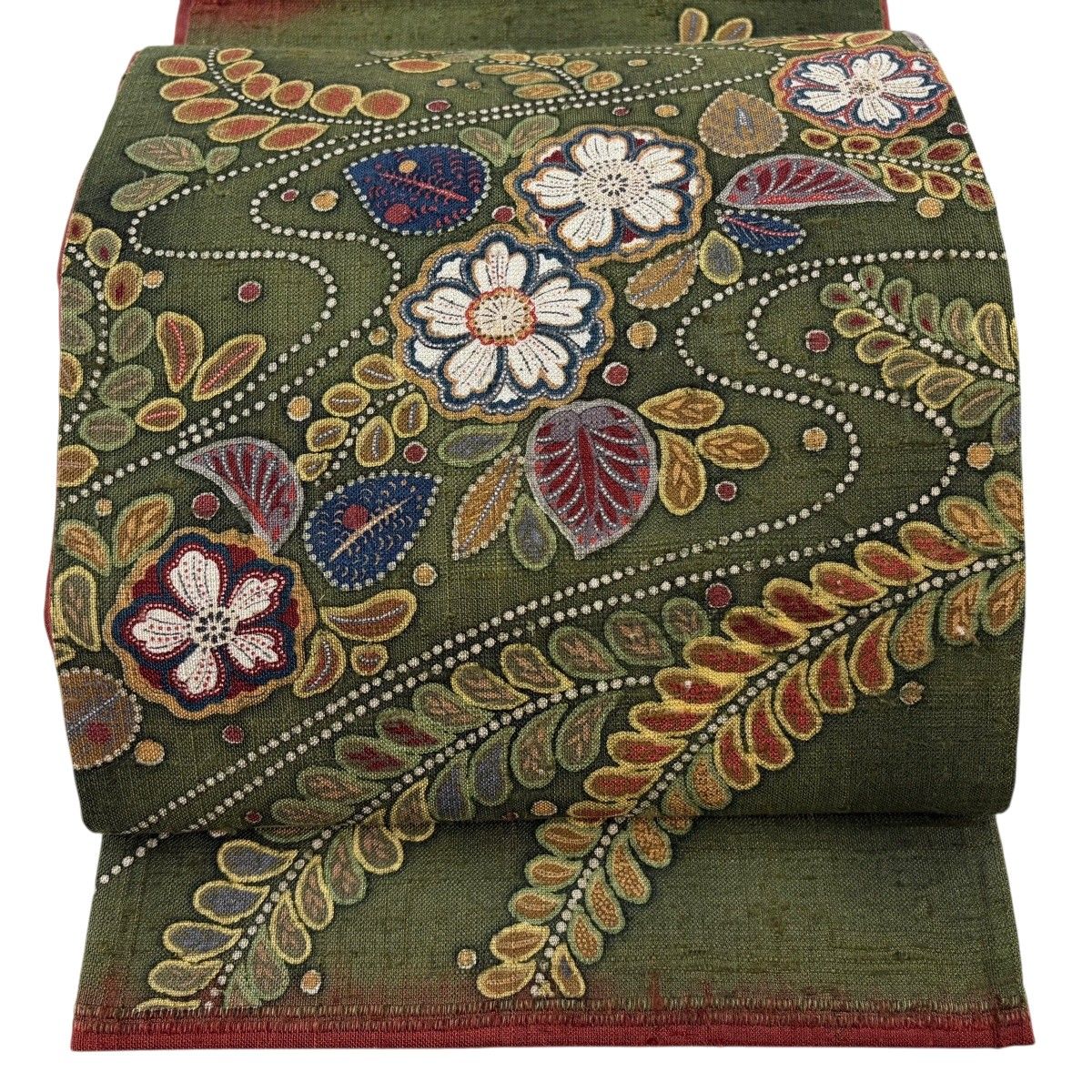 【美品】 袋帯 秀品 紬地 草花 流水 緑 お太鼓柄 正絹 【中古】