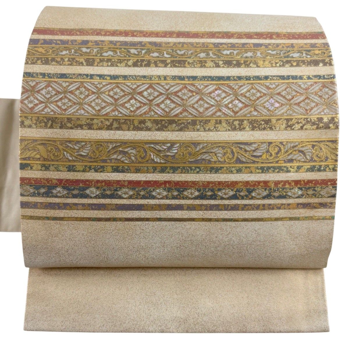 【美品】 名古屋帯 秀品 七宝 唐草 螺鈿 箔 ベージュ 正絹 【中古】
