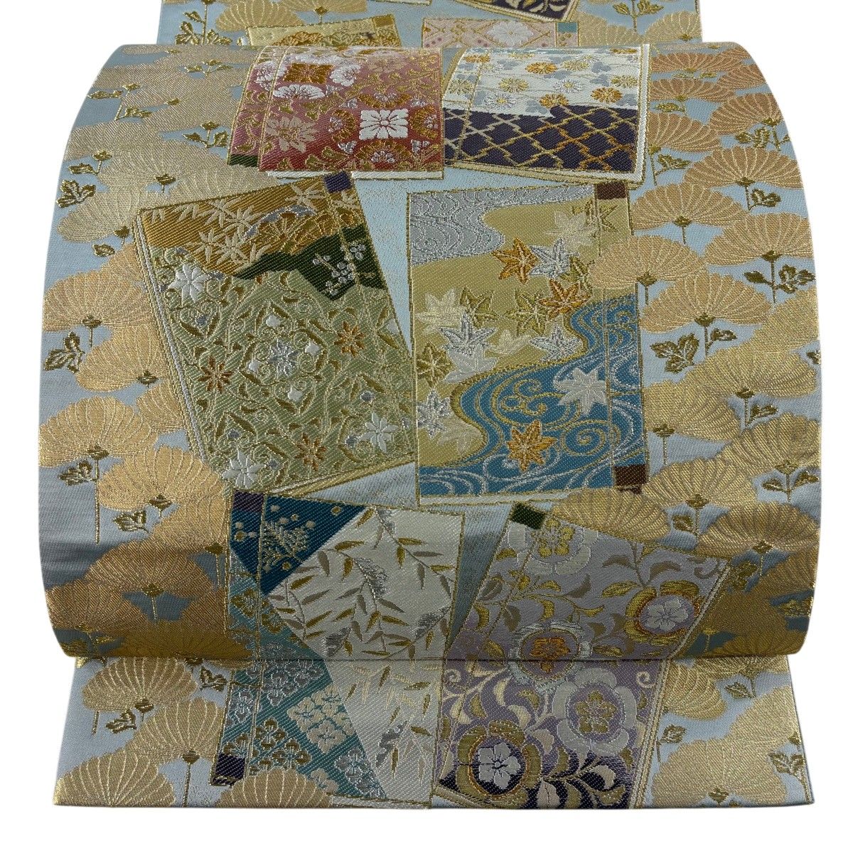 【美品】 袋帯 秀品 冊子 草花 金銀糸 箔 青灰色 六通 正絹 【中古】