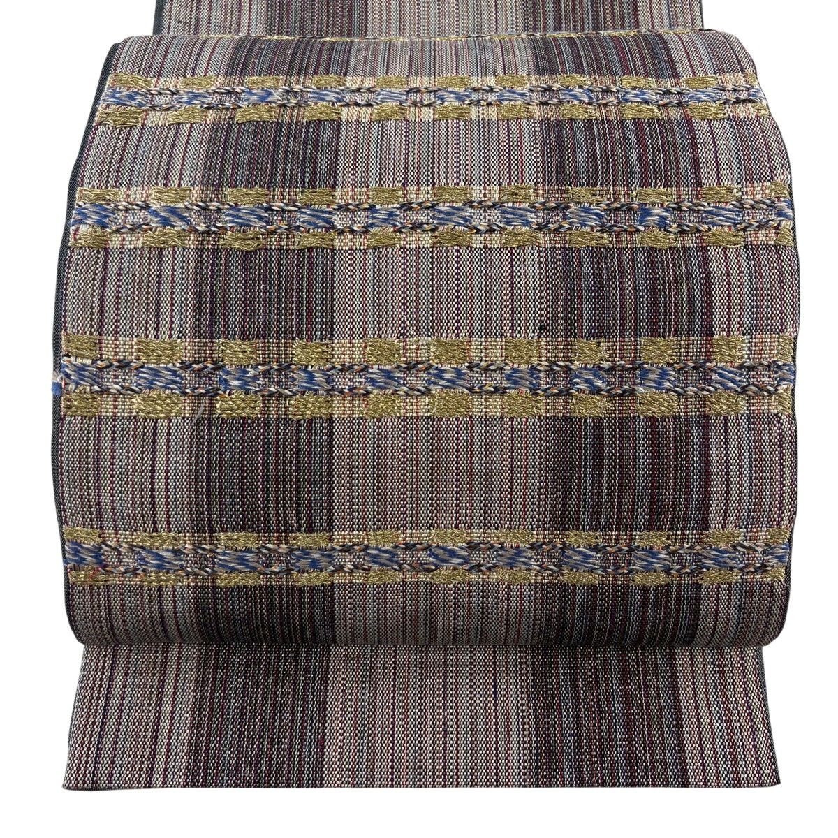 【美品】 袋帯 秀品 縞 幾何学 金糸 茶紫 お太鼓柄 正絹 【中古】