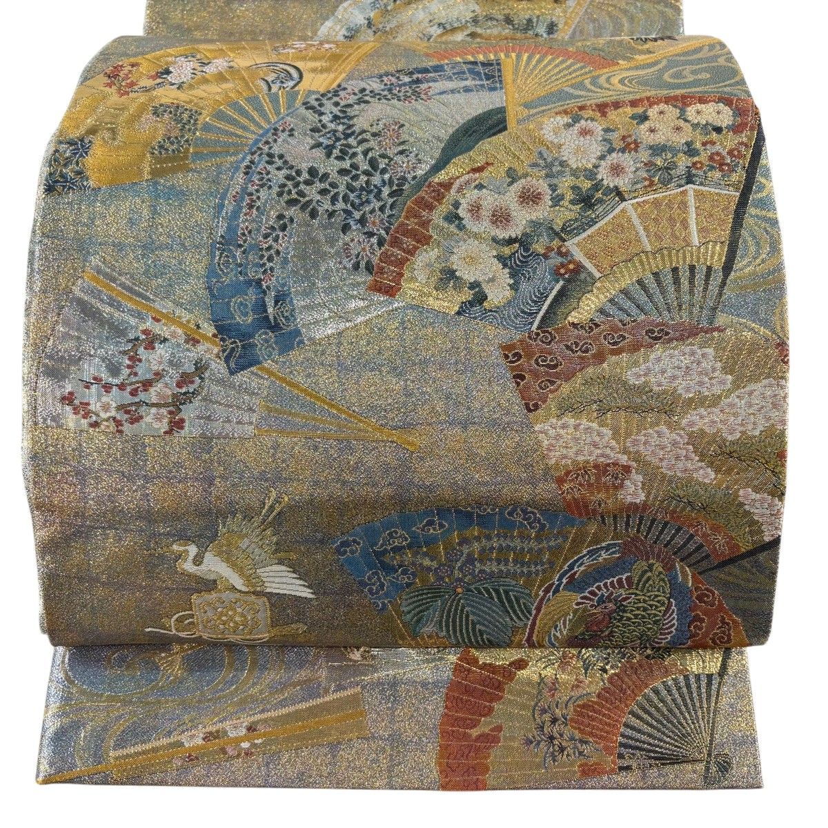 【美品】 袋帯 秀品 落款 徳川美術館秘蔵 檜扇 流水 箔 金色 全通 正絹 【中古】