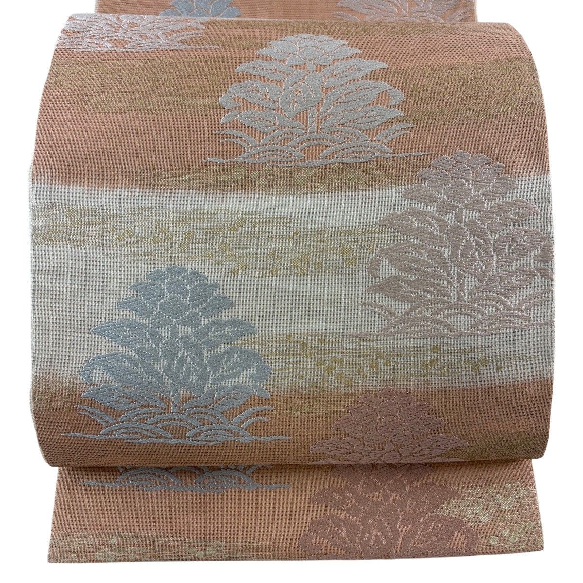 【美品】 袋帯 秀品 夏帯 絽 草花 段縞 箔 サーモンピンク 六通 正絹 【中古】