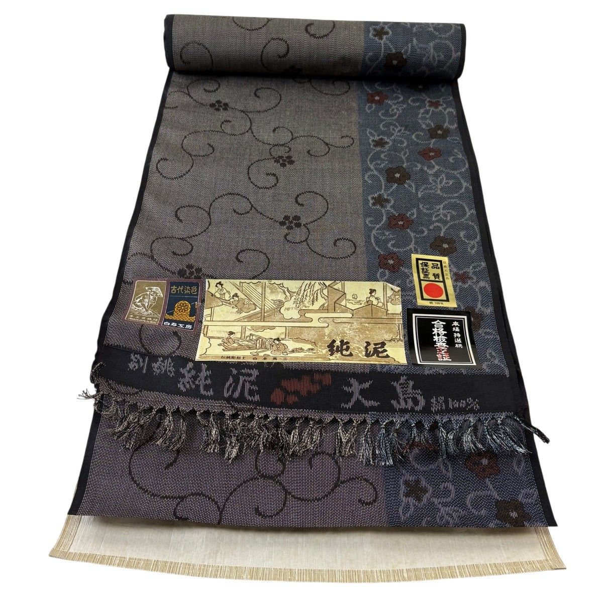 反物 秀品 紬 花唐草 純泥 黒灰 正絹 【中古】