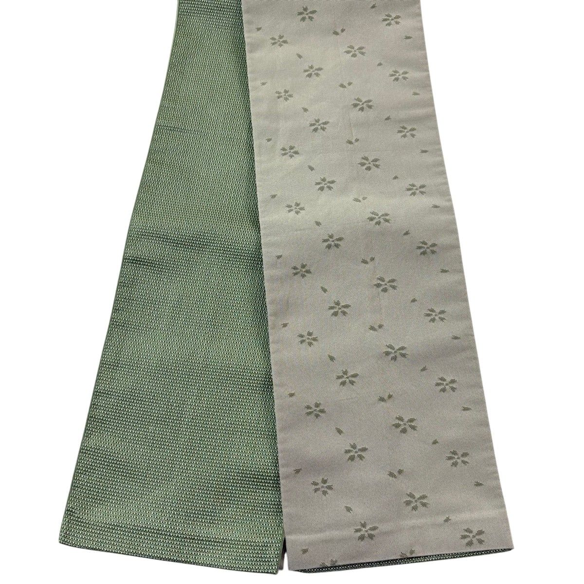 半幅帯 優品 桜 花びら 薄緑 化繊 【中古】