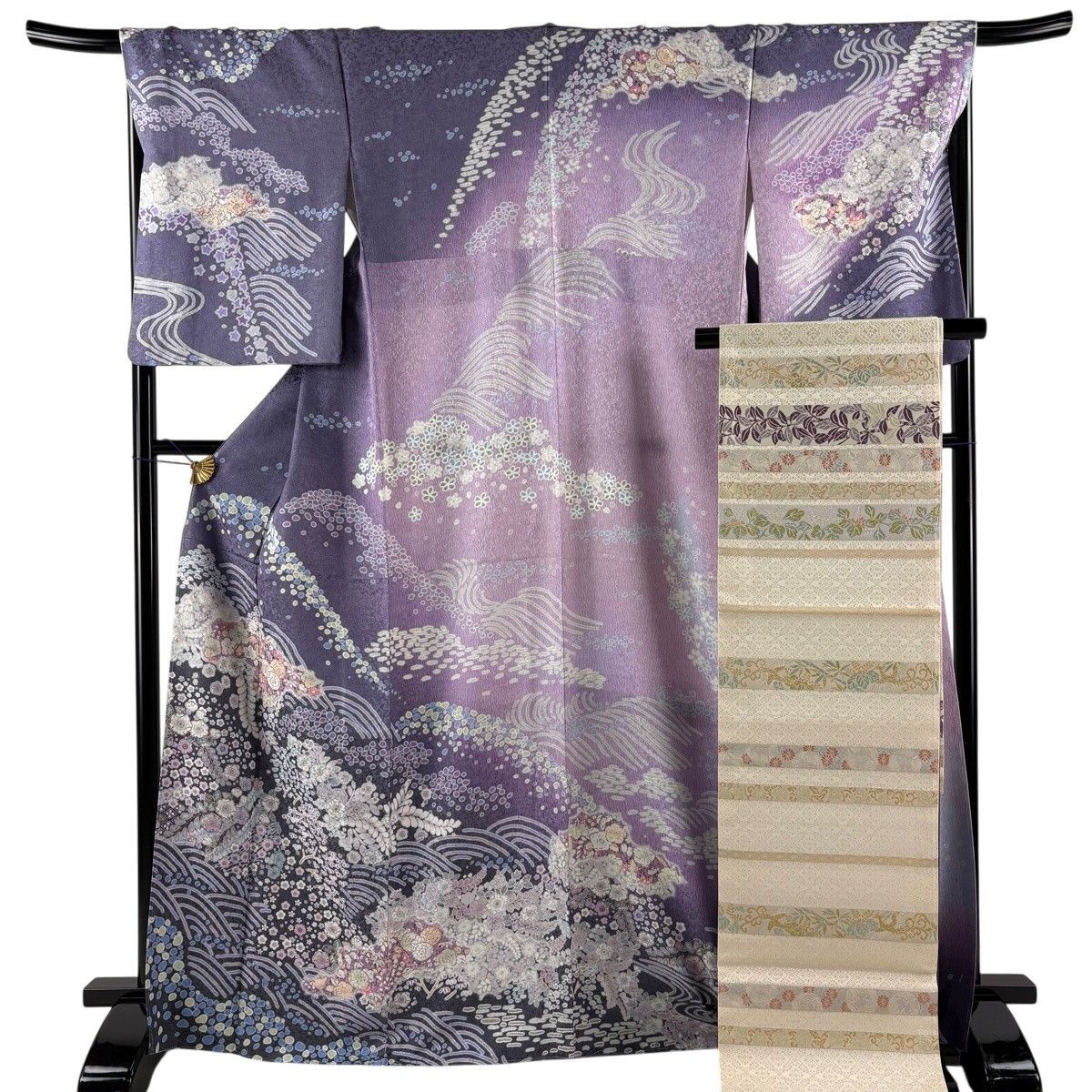 訪問着 身丈168cm 裄丈67cm M 袷 袋帯セット 草花 波 銀通し ぼかし 紫 正絹 名品 【中古】