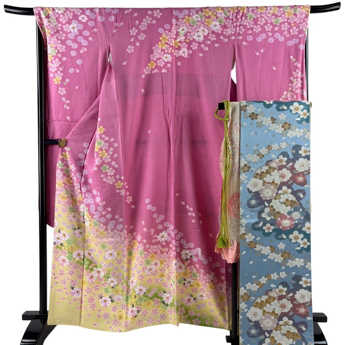 美品】 振袖 身丈161cm 裄丈68cm L 袷 袋帯フルセット 桜 草花