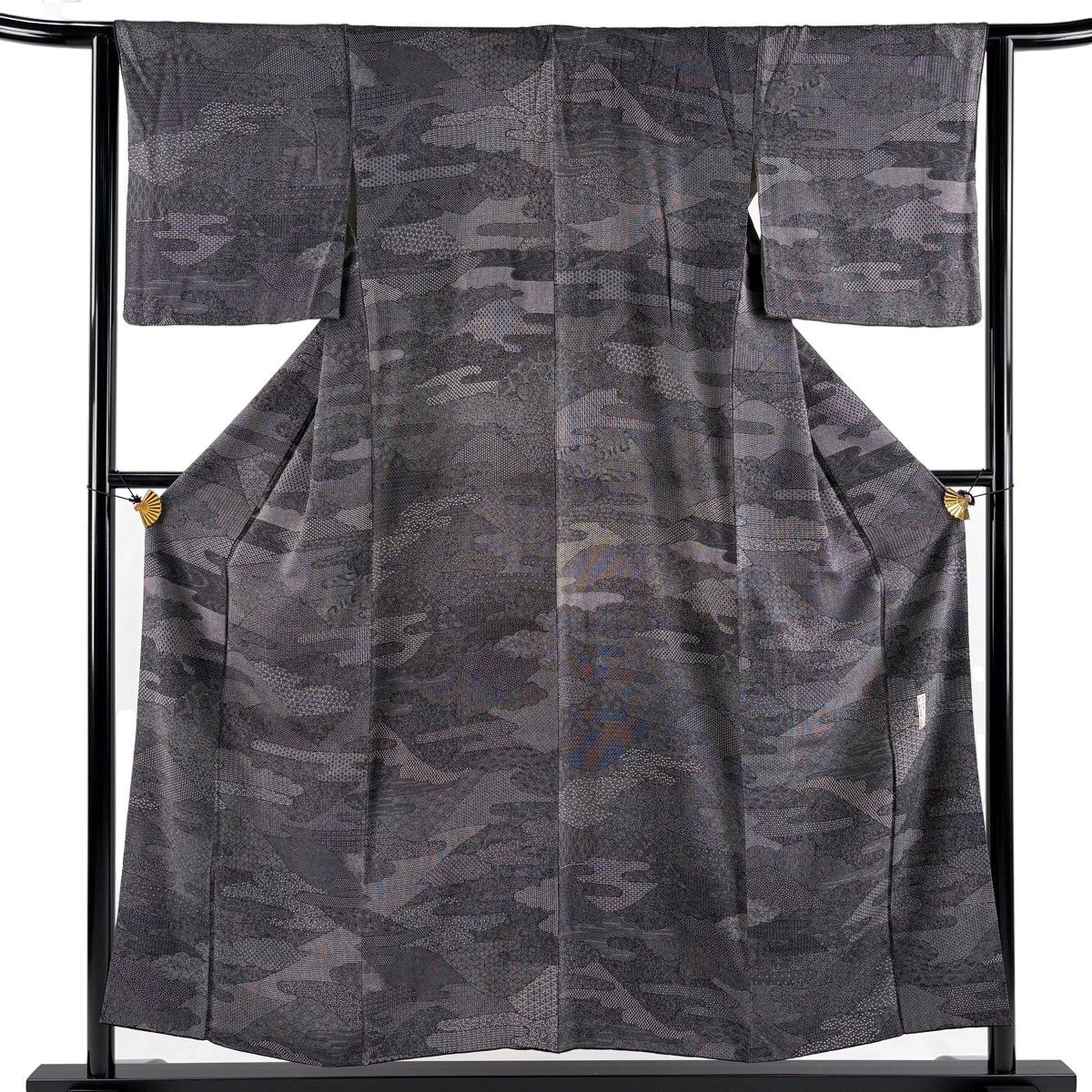 【美品】 江戸小紋 身丈154.5cm 裄丈63cm S 袷 人間国宝 中村勇二郎 鈴乃屋 落款 霞 寄せ柄 黒灰 正絹 逸品 【中古】