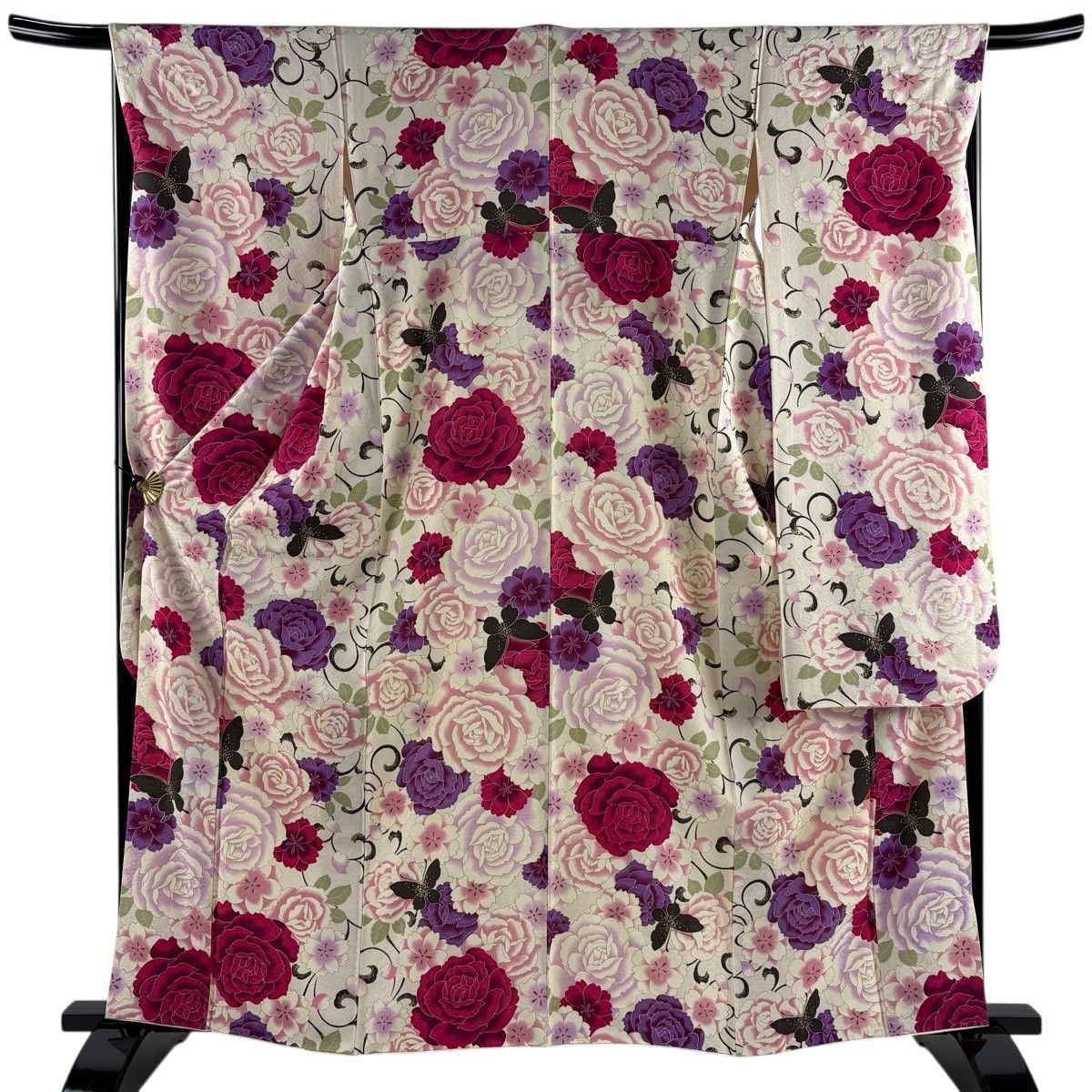 美品】 振袖 身丈162cm 裄丈66cm M 袷 薔薇 蝶 金彩 クリーム 正絹