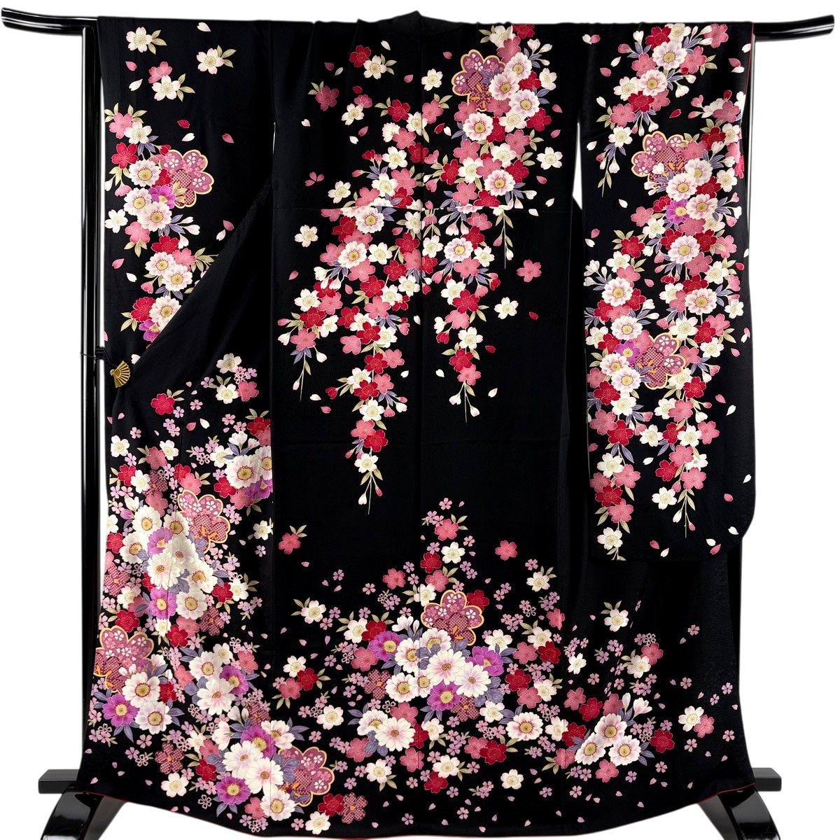 ⚫︎mk-1015 振袖　身丈165 裄丈68.5 1-7 美品】 振袖 身丈165.5cm 裄丈67cm M 袷 草花 桜 刺繍 箔 黒 正絹 名品