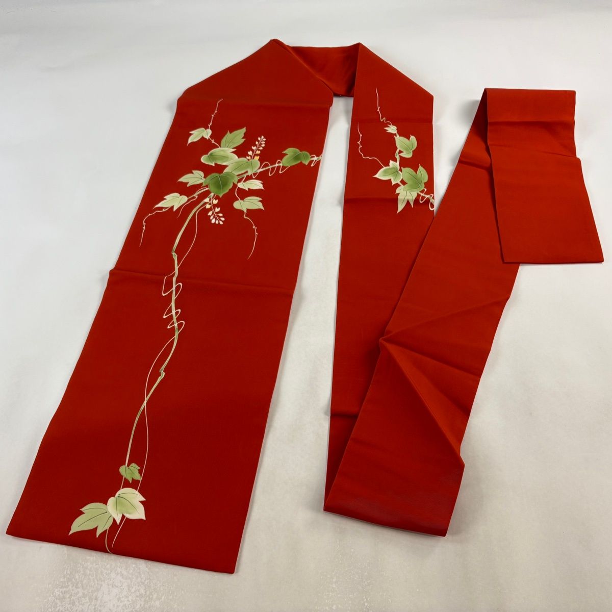 美品 開き名古屋帯 名品 蟹 葉 ぼかし 灰緑 正絹 中古 名古屋帯 秀