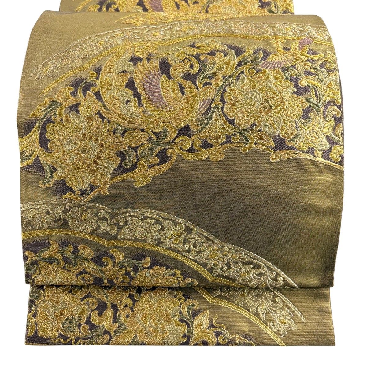 美品】 袋帯 名品 落款 本家加納 花唐草 鳥 金糸 箔 金色 六通 正絹
