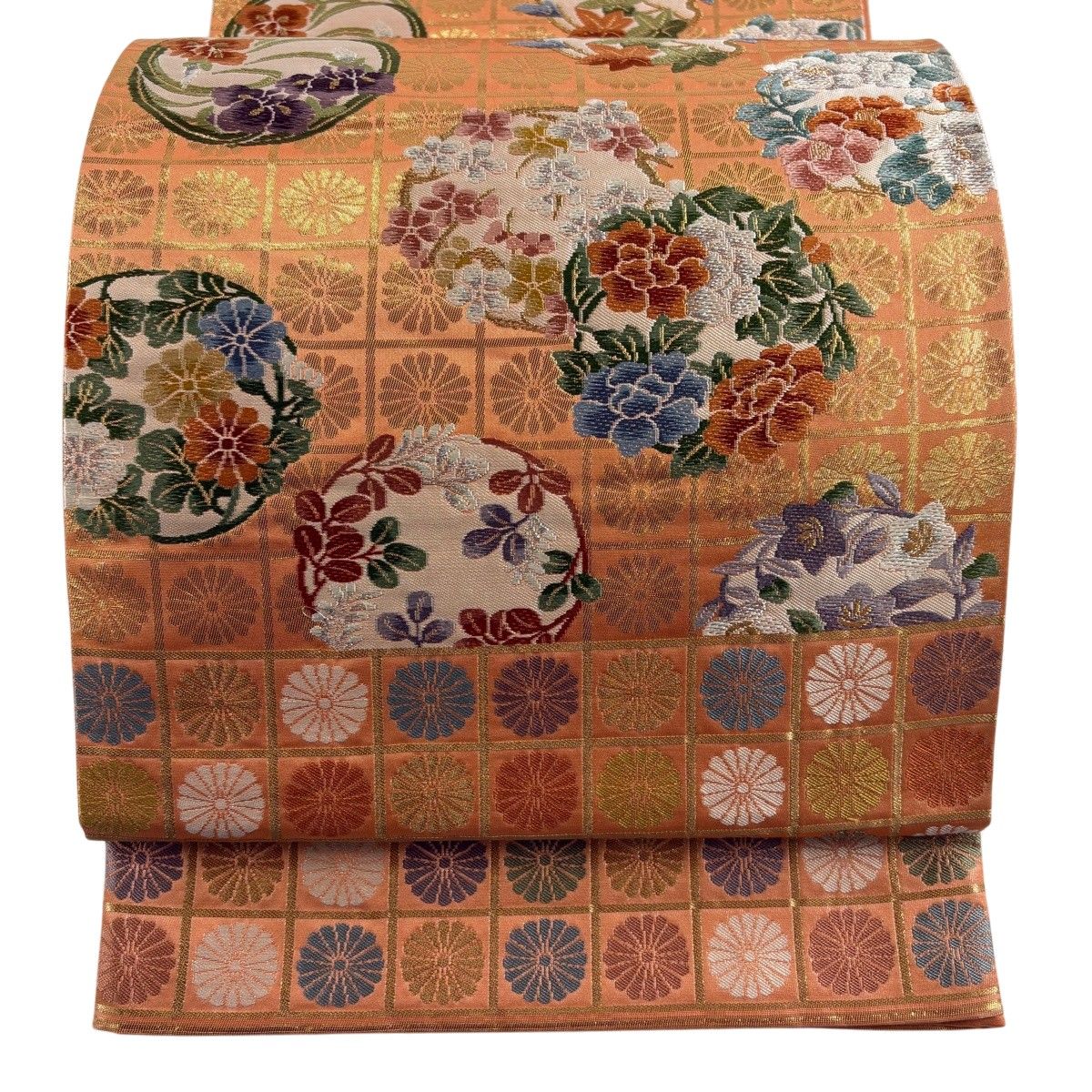 【美品】 袋帯 名品 河村織物 落款 花丸文 箔 金銀糸 オレンジ 六通 正絹 【中古】