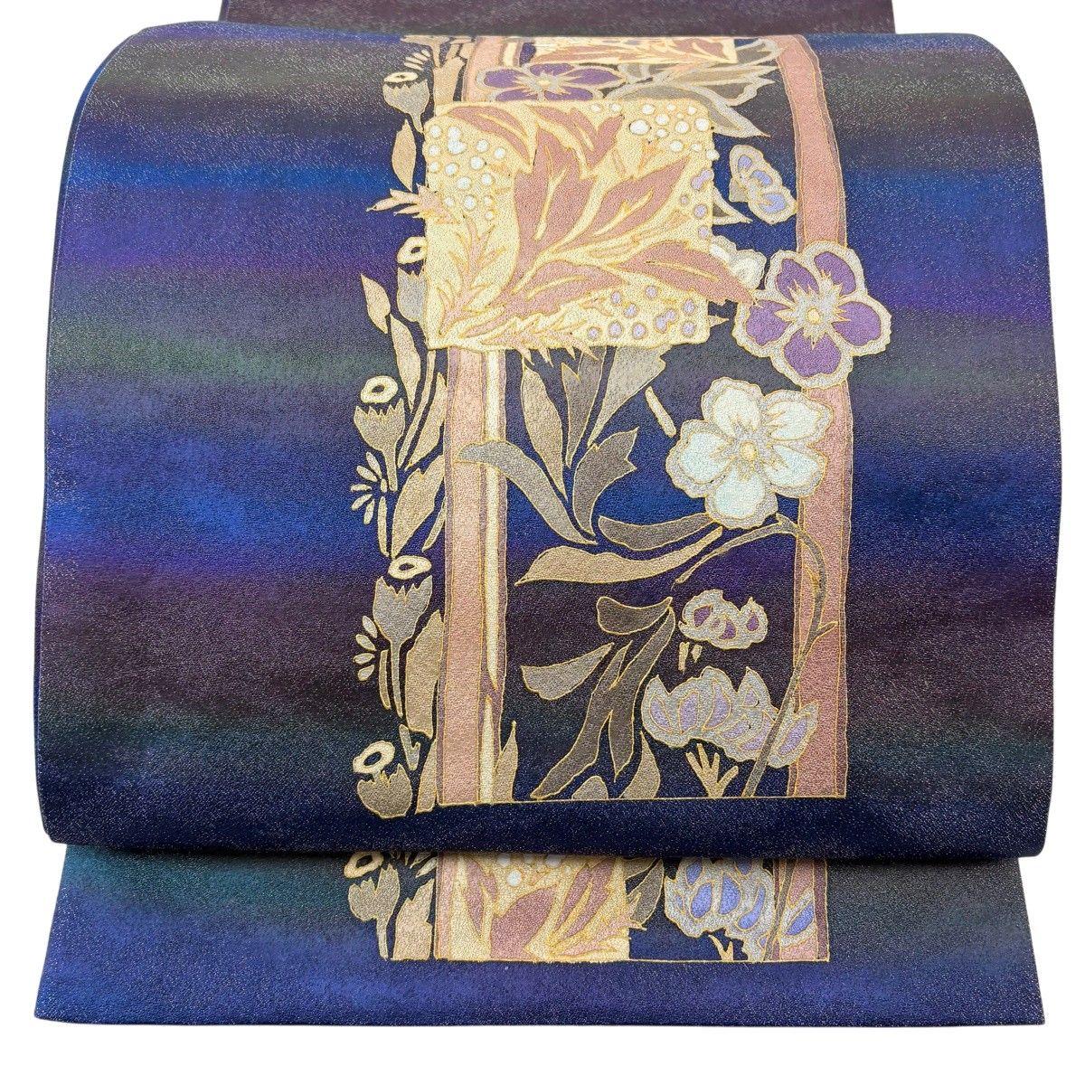 【美品】 袋帯 名品 草花 銀通し 金彩 青紫 お太鼓柄 正絹 【中古】