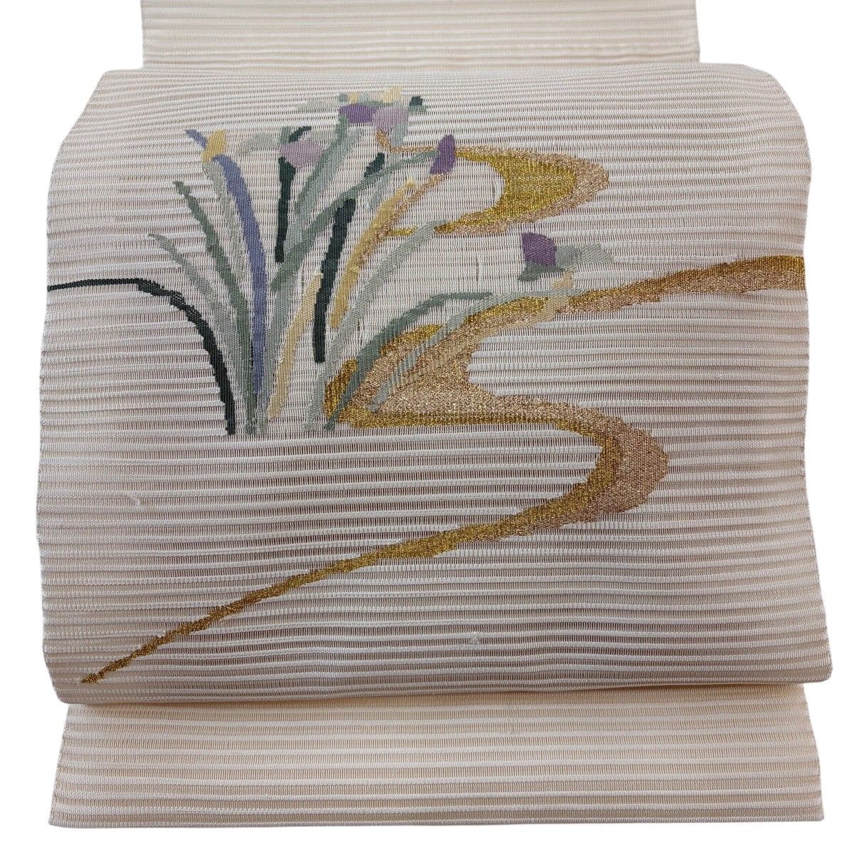 名古屋帯 名品 松葉仕立て 八寸名古屋帯 夏帯 絽 草花 流水 金糸 箔 クリーム 正絹 【中古】