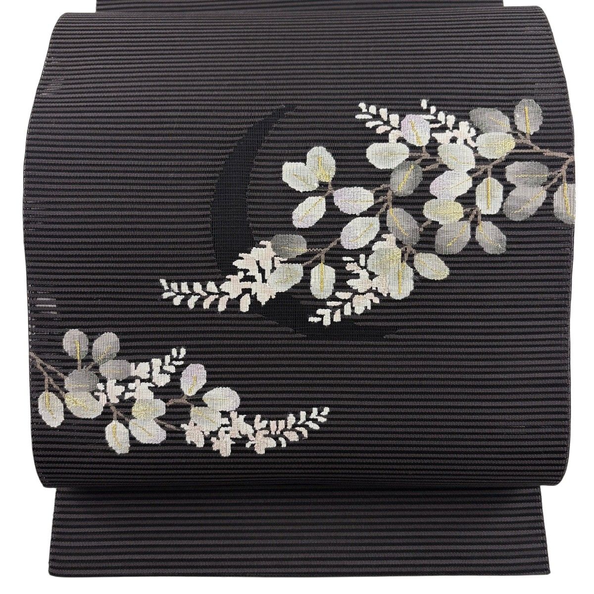 【美品】 名古屋帯 名品 落款 夏帯 八寸名古屋帯 絽 トンネル仕立て 萩 三日月 金銀糸 黒灰 正絹 【中古】