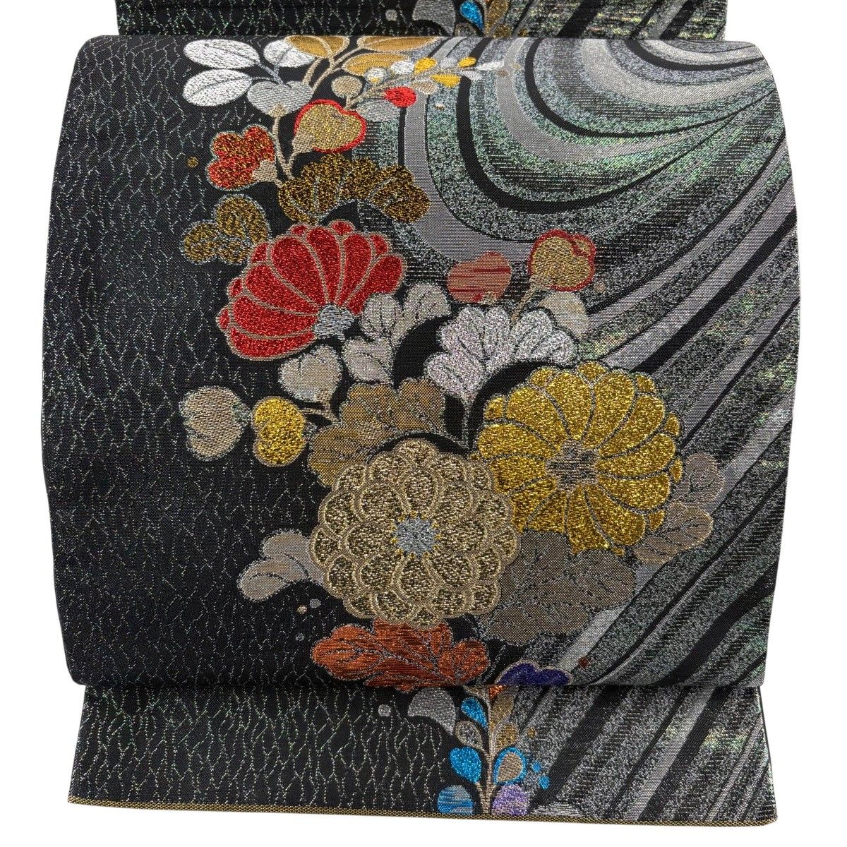 【美品】 袋帯 秀品 菊 萩 金銀糸 箔 黒 六通 正絹 【中古】