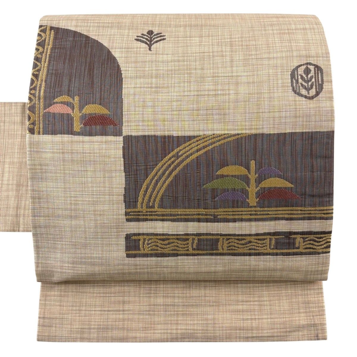 名古屋帯 秀品 葉 幾何学模様 薄茶色 正絹 【中古】