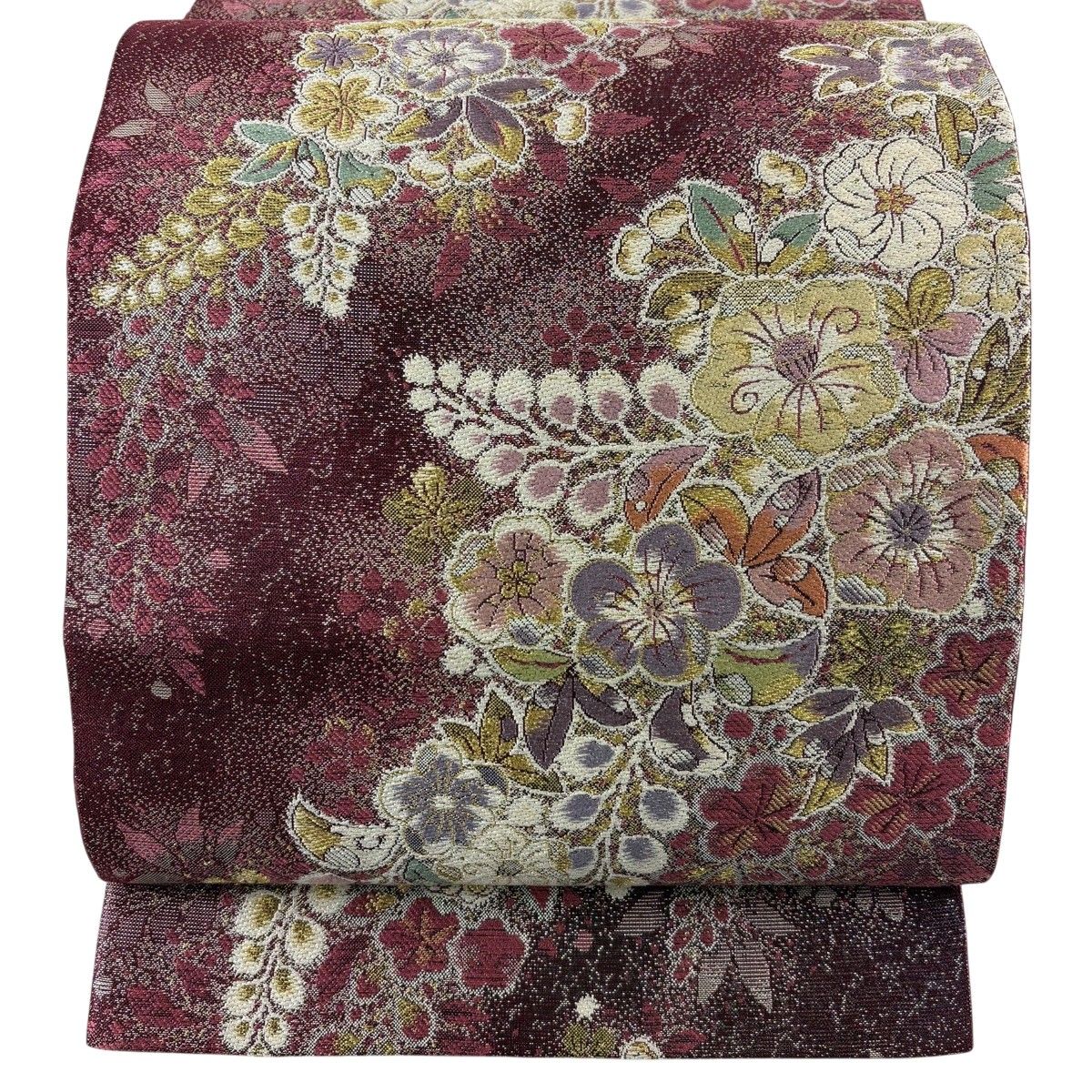 【美品】 袋帯 秀品 やまと 草花 金糸 箔 赤紫 六通 正絹 【中古】