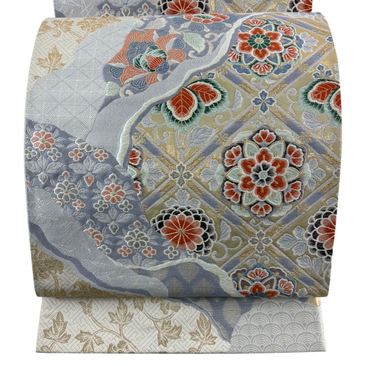 【美品】 袋帯 秀品 華文 草花 箔 金糸 灰紫 六通 正絹 【中古】