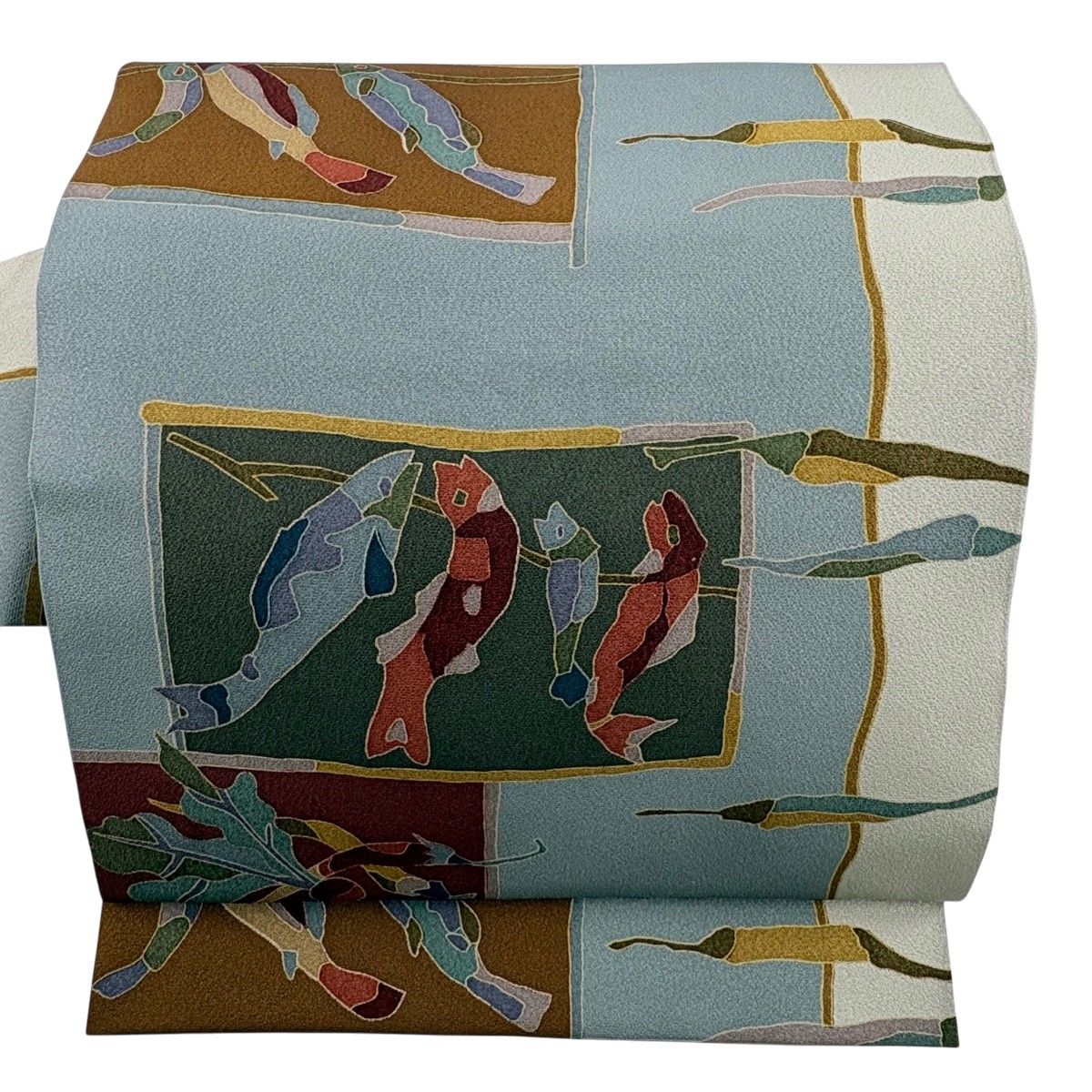 【美品】 名古屋帯 秀品 魚 唐辛子 金彩 青灰色 正絹 【中古】
