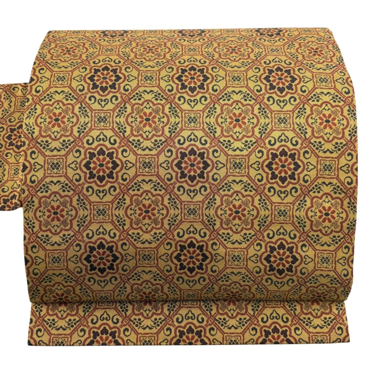 【美品】 名古屋帯 秀品 華文 蜀江文 山吹茶色 正絹 【中古】