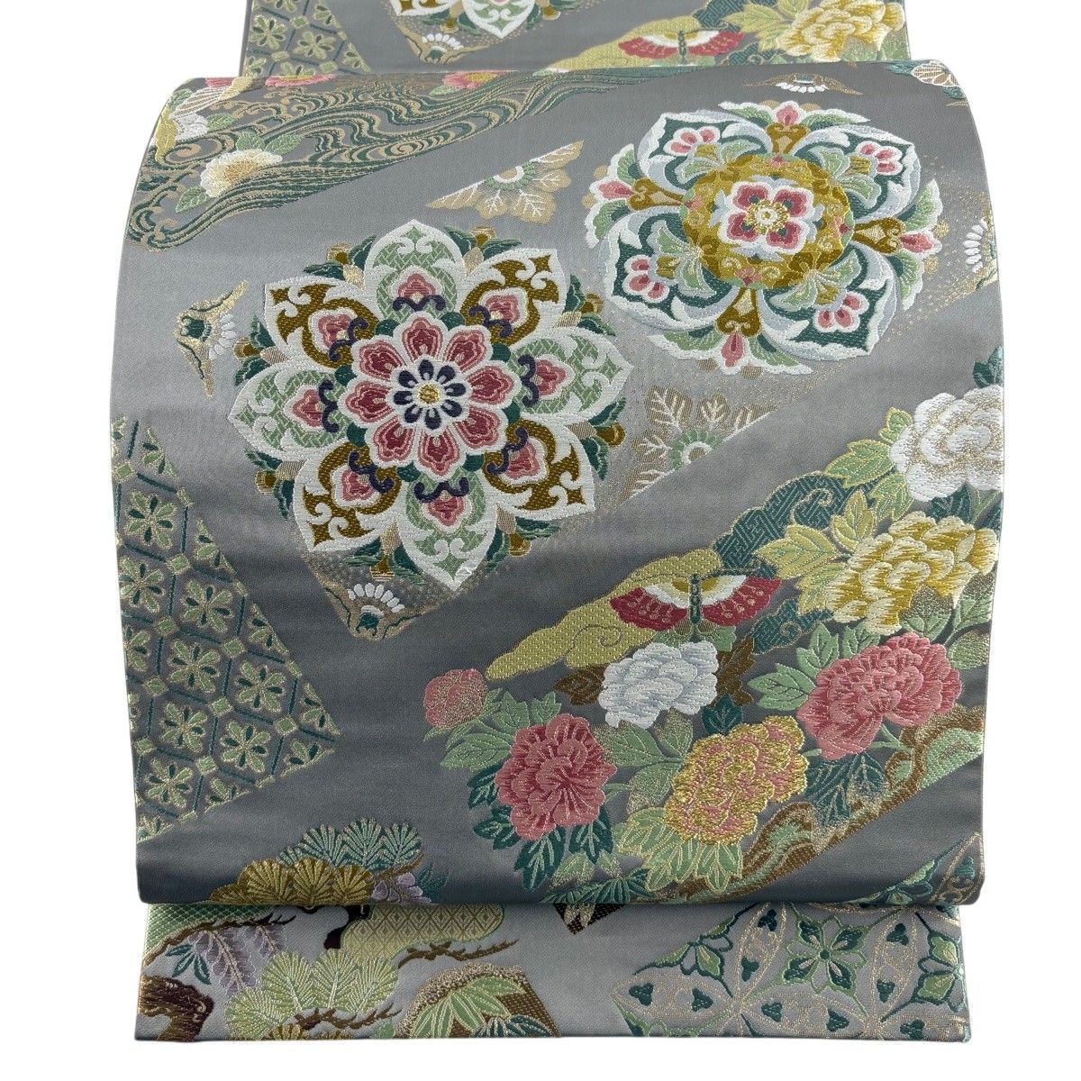 【美品】 袋帯 秀品 華文 花鳥 箔 金糸 灰色 六通 正絹 【中古】