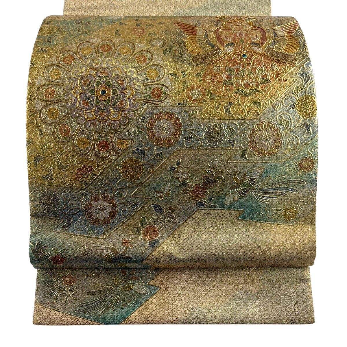 【美品】 袋帯 秀品 向かい鳥 華文 金彩 箔 金色 お太鼓柄 正絹 【中古】