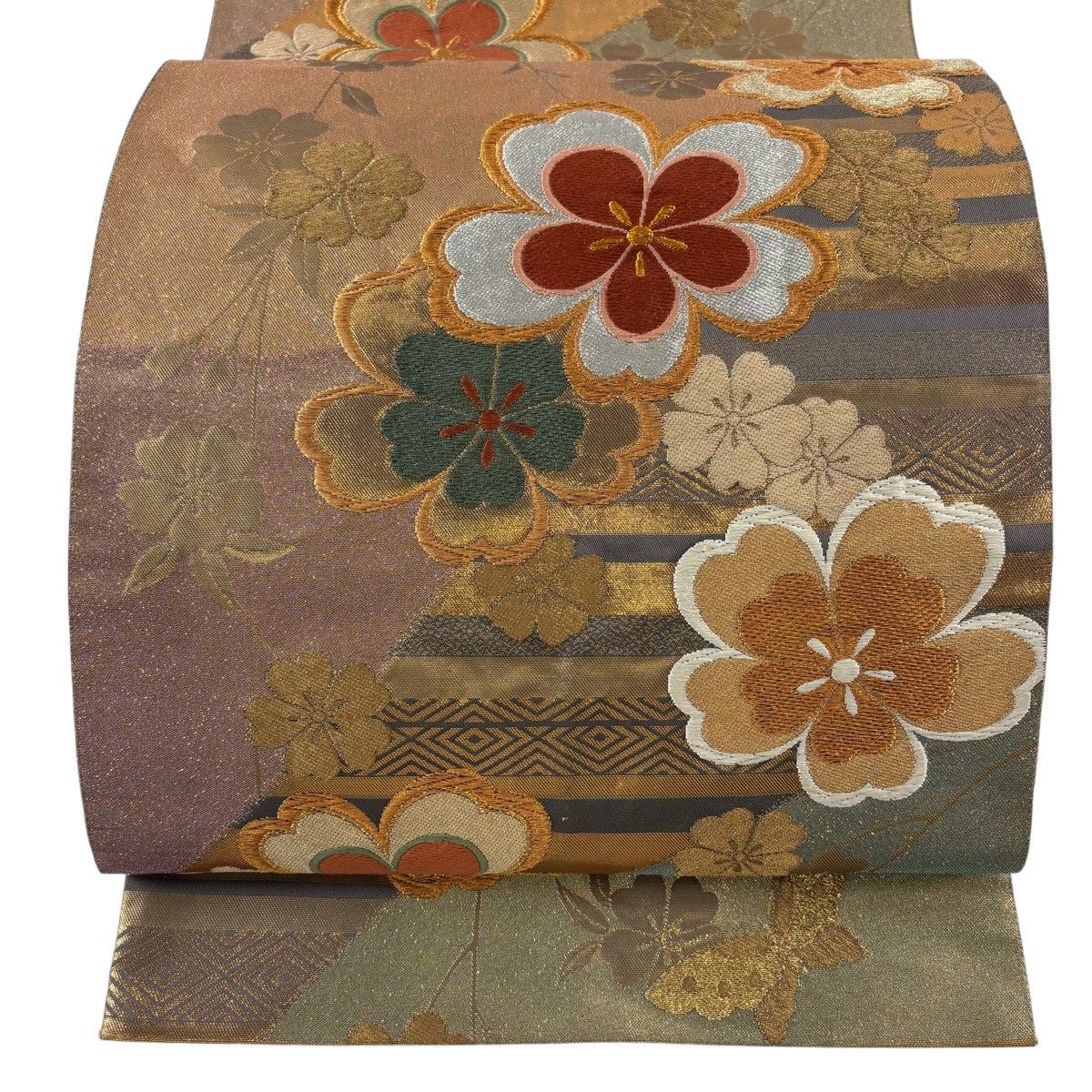 袋帯 秀品 桜 蝶 金糸 箔 ピンクベージュ 全通 正絹 【中古】