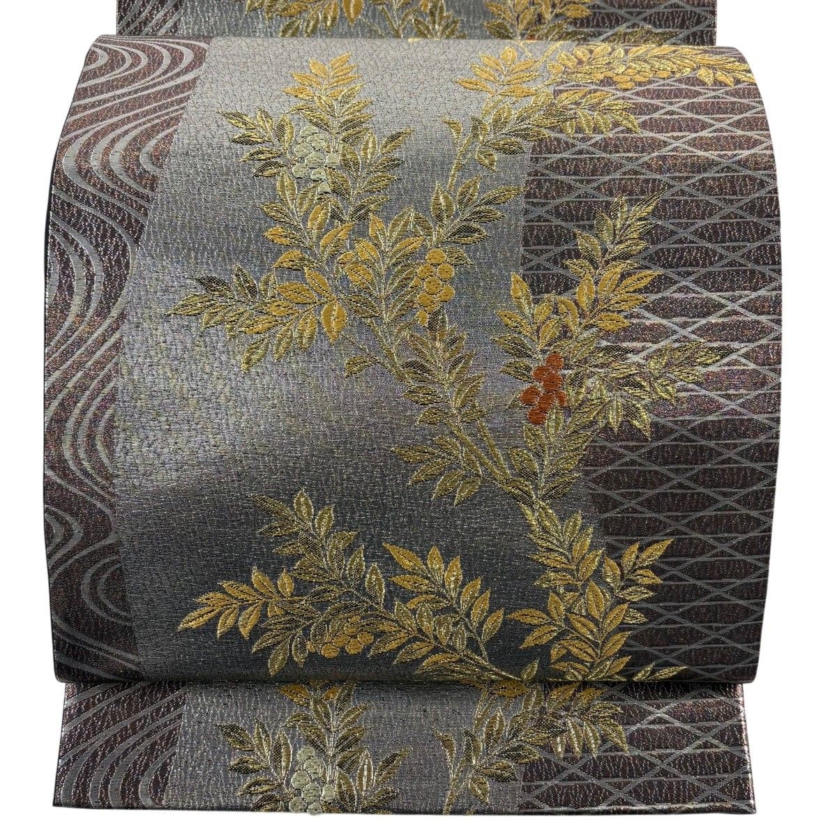 【美品】 袋帯 秀品 南天閑静庭園 流水 金糸 箔 銀色 六通 正絹 【中古】