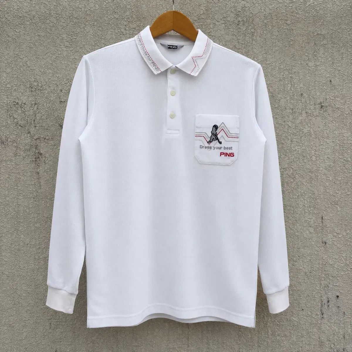 100)Ping ゴルフ ポケット 刺繍 白 ロングスリーブ カラーTシャツ