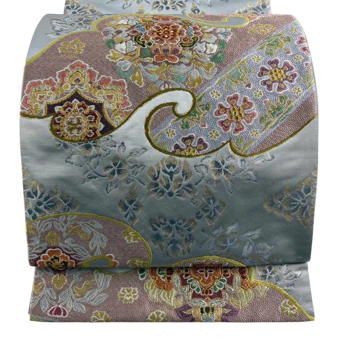 【美品】 袋帯 秀品 華文 草花 唐織 箔 灰色 六通 正絹 【中古】