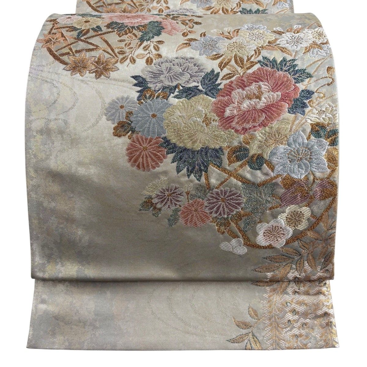 【美品】 袋帯 秀品 琳派艶花紋様 箔 唐織 灰茶 六通 正絹 【中古】