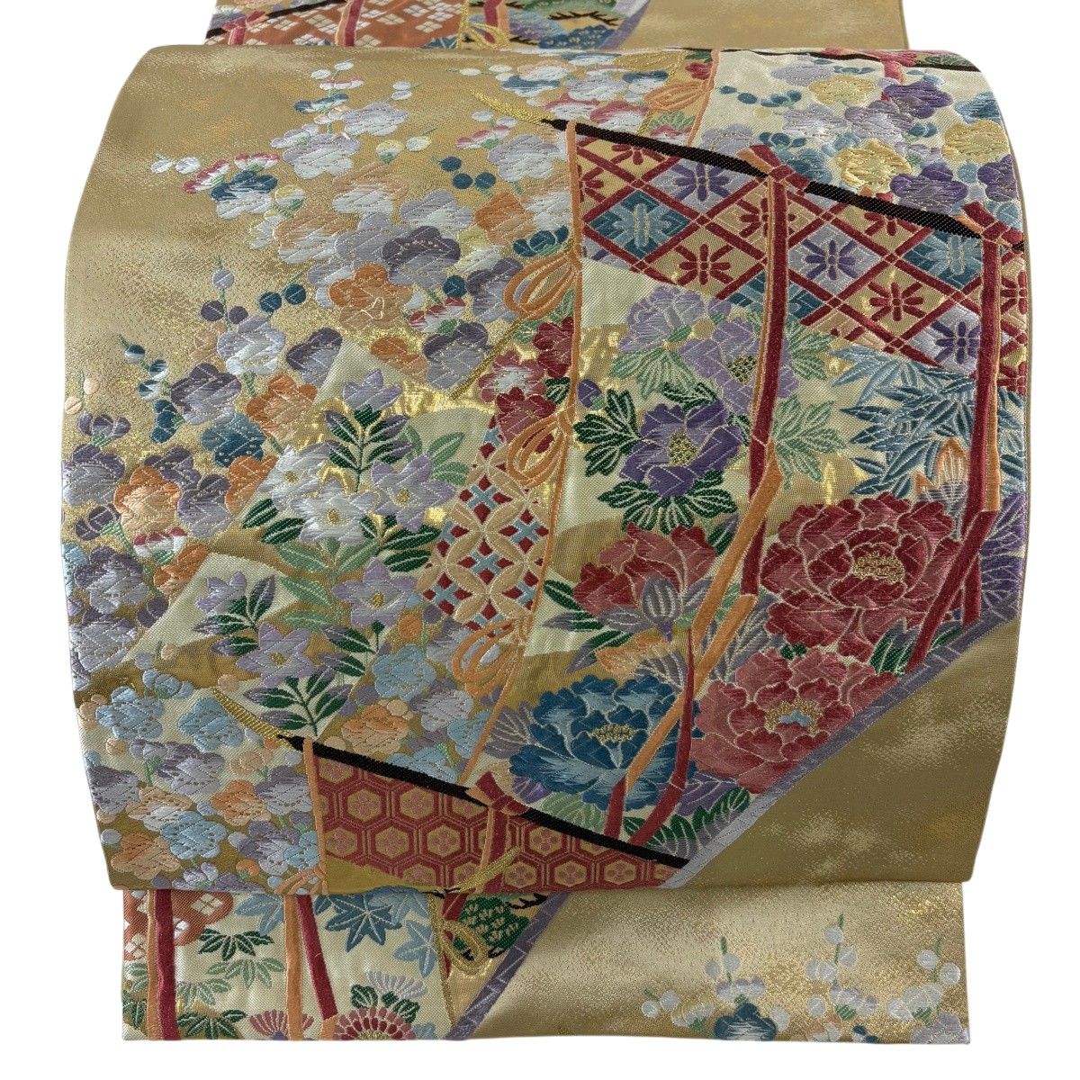 【美品】 袋帯 秀品 几帳 草花 唐織 箔 ベージュ 六通 正絹 【中古】