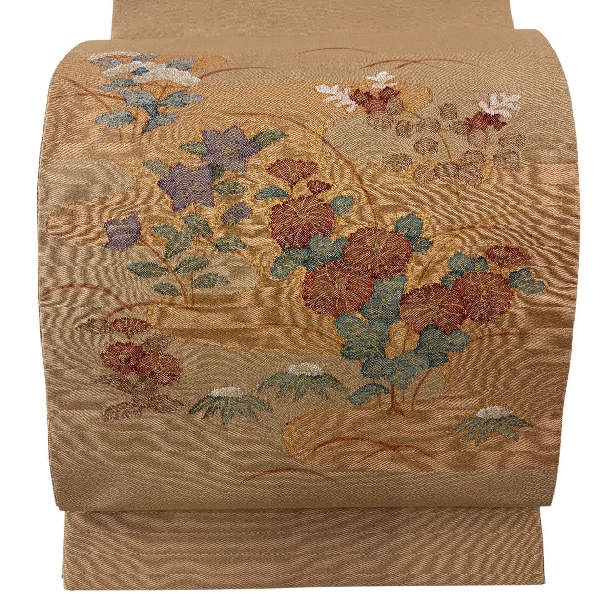 【美品】 袋帯 秀品 紬地 秋草 菊 箔 薄茶色 お太鼓柄 正絹 【中古】