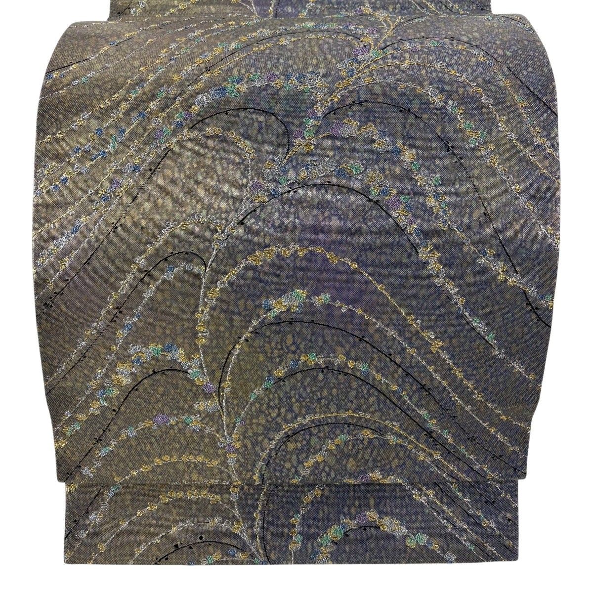 【美品】 袋帯 秀品 枝花 幾何学模様 箔 ぼかし 灰紫 六通 正絹 【中古】