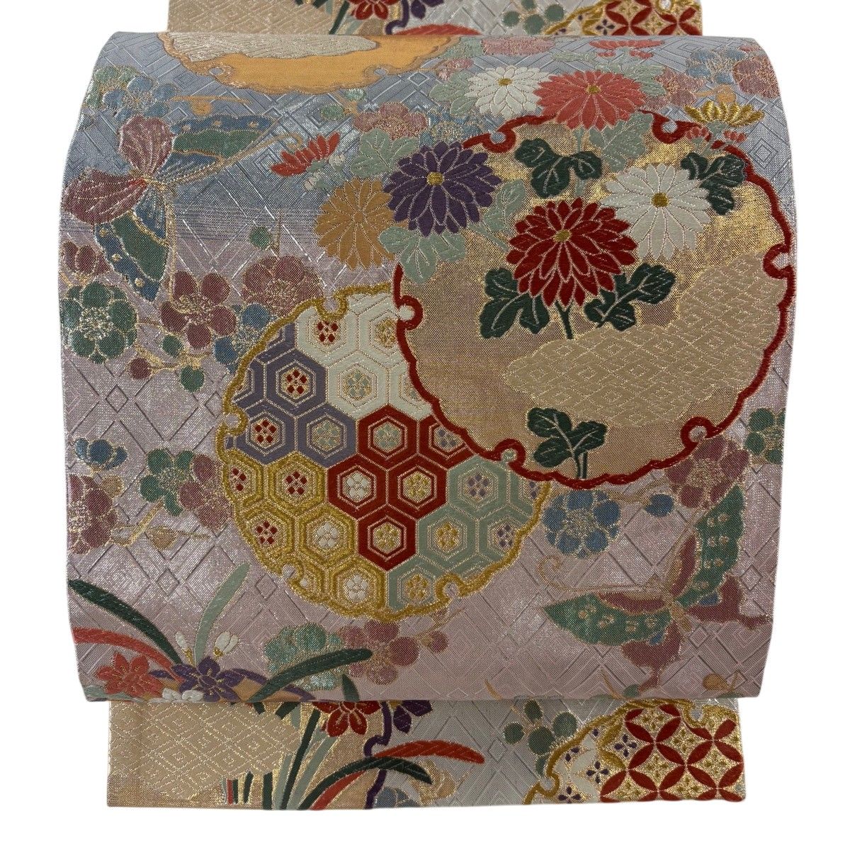 【美品】 袋帯 秀品 雪輪 蝶 唐織 箔 青灰色 六通 正絹 【中古】