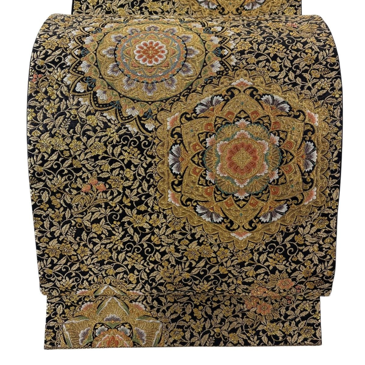 【美品】 袋帯 秀品 華文 亀甲 箔 唐織 黒 六通 正絹 【中古】
