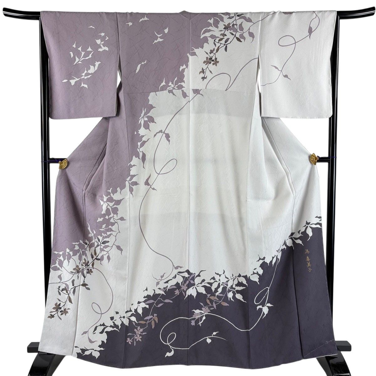 【美品】 訪問着 身丈165cm 裄丈66.5cm M 袷 草花 シルエット 金彩 灰紫 正絹 秀品 【中古】