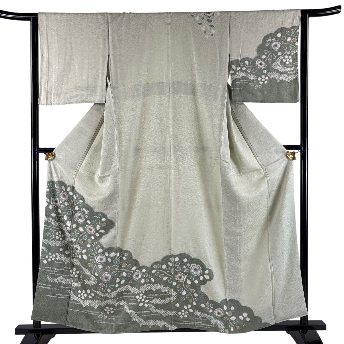 【美品】 訪問着 身丈158cm 裄丈63cm S 袷 辻が花柄 雲文 絞り 灰緑 正絹 秀品 一つ紋 【中古】 8,260円