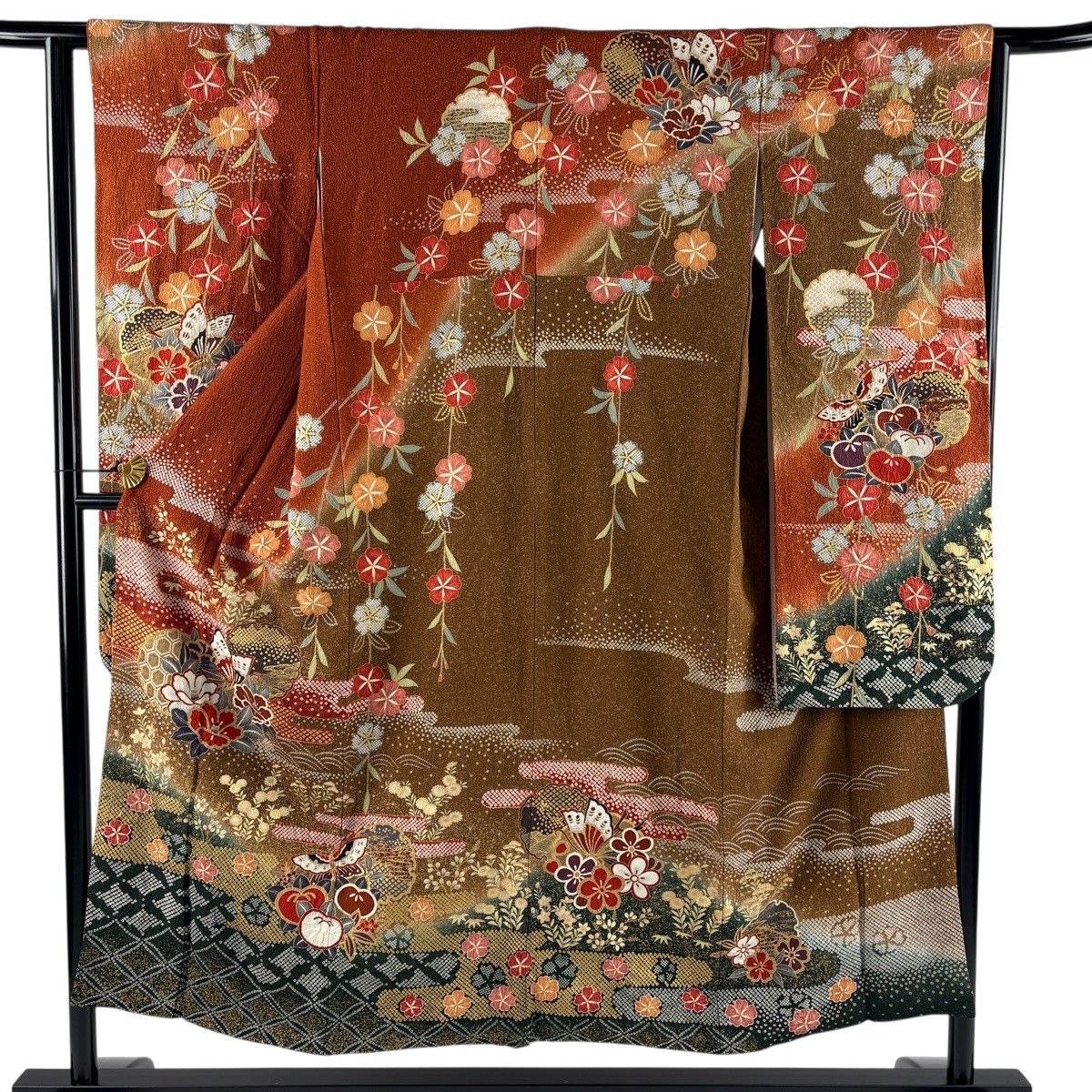 振袖 身丈150cm 裄丈63cm S 袷 雪輪 椿 金彩 ぼかし 赤茶 正絹 秀品 【中古】