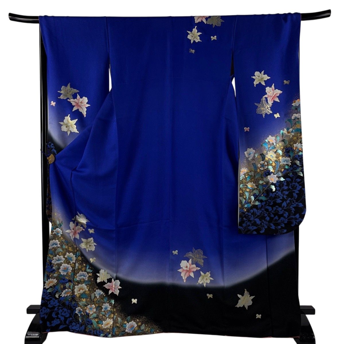 振袖 身丈170.5cm 裄丈68cm L 袷 草花 金銀彩 銀通し 青 正絹 秀品 【中古】