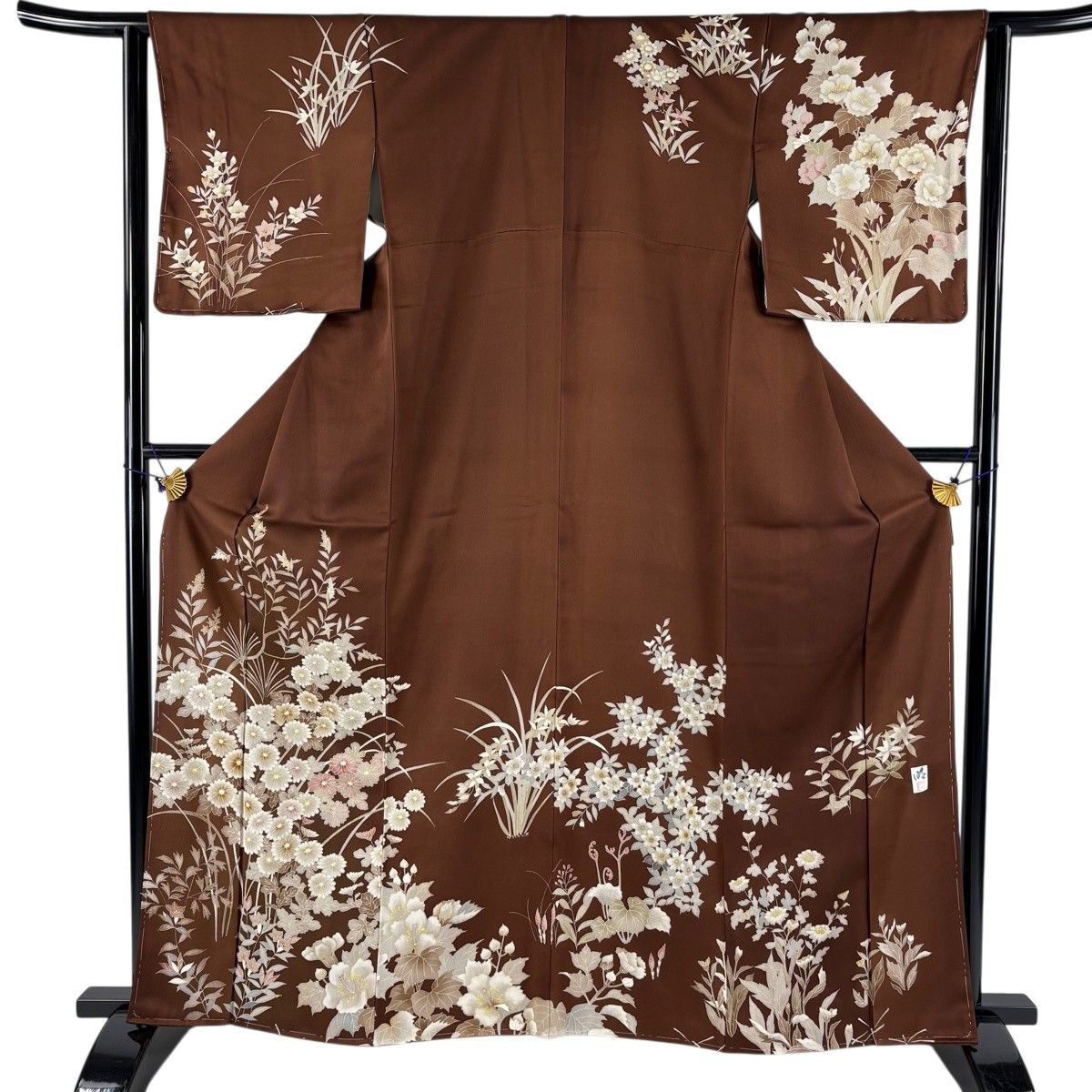 訪問着 身丈163.5cm 裄丈63cm S 袷 大島明 落款 菊 桔梗 金彩 焦茶色 正絹 秀品 【中古】