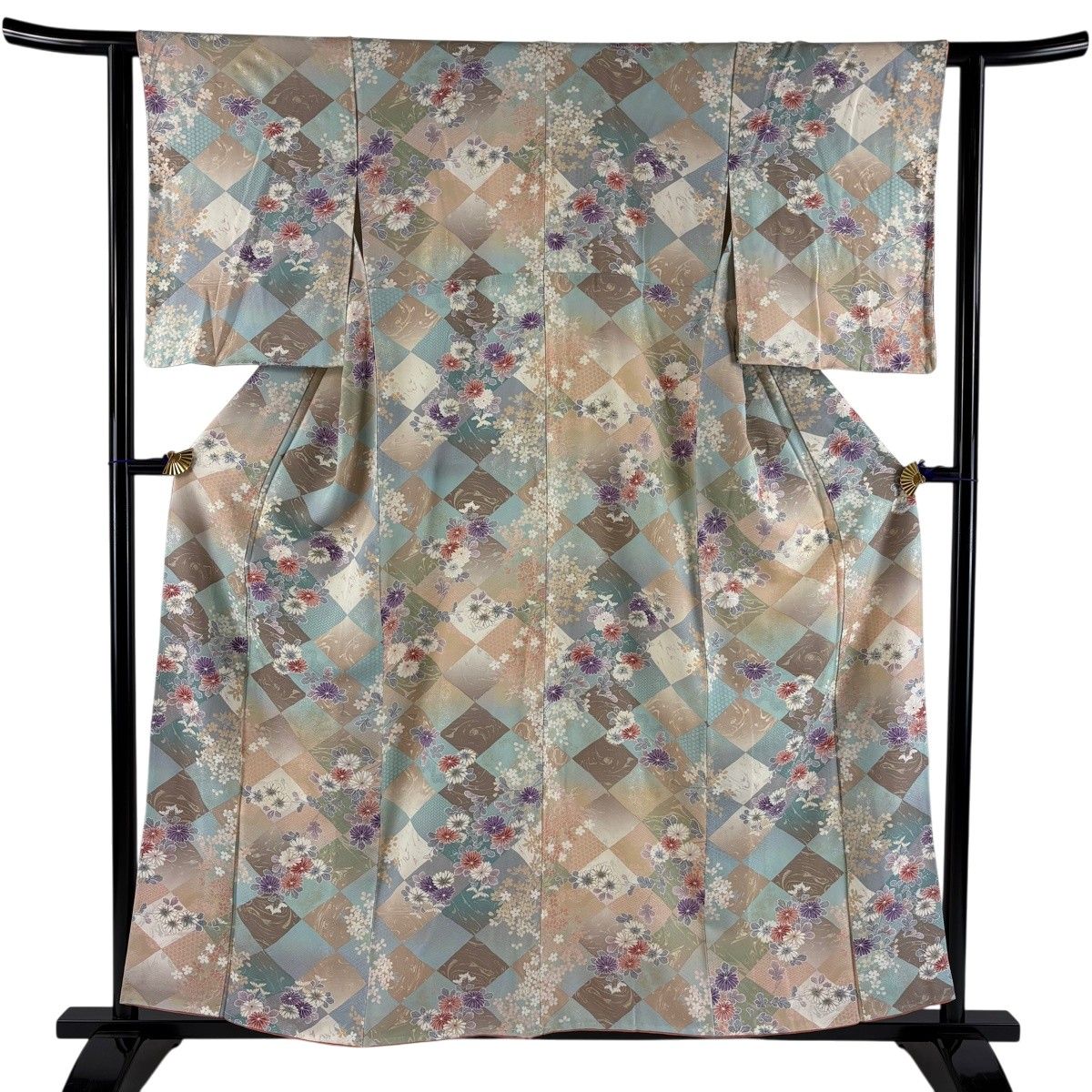 【美品】 小紋 身丈157cm 裄丈62cm S 袷 菊 菱 金銀彩 ぼかし 水色 正絹 秀品 【中古】