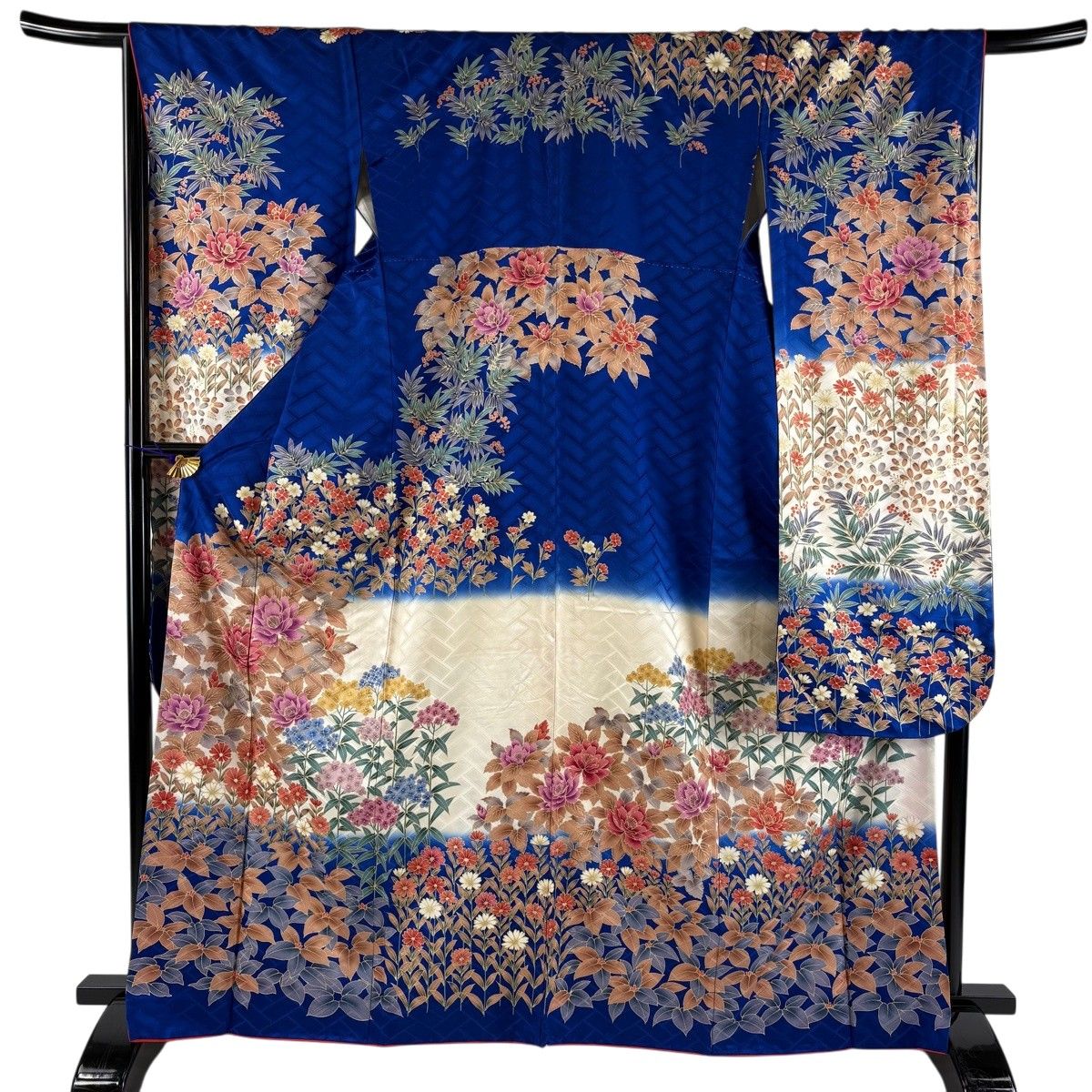 振袖 身丈165cm 裄丈67cm M 袷 草花 地紋 金彩 染め分け 青 正絹 秀品