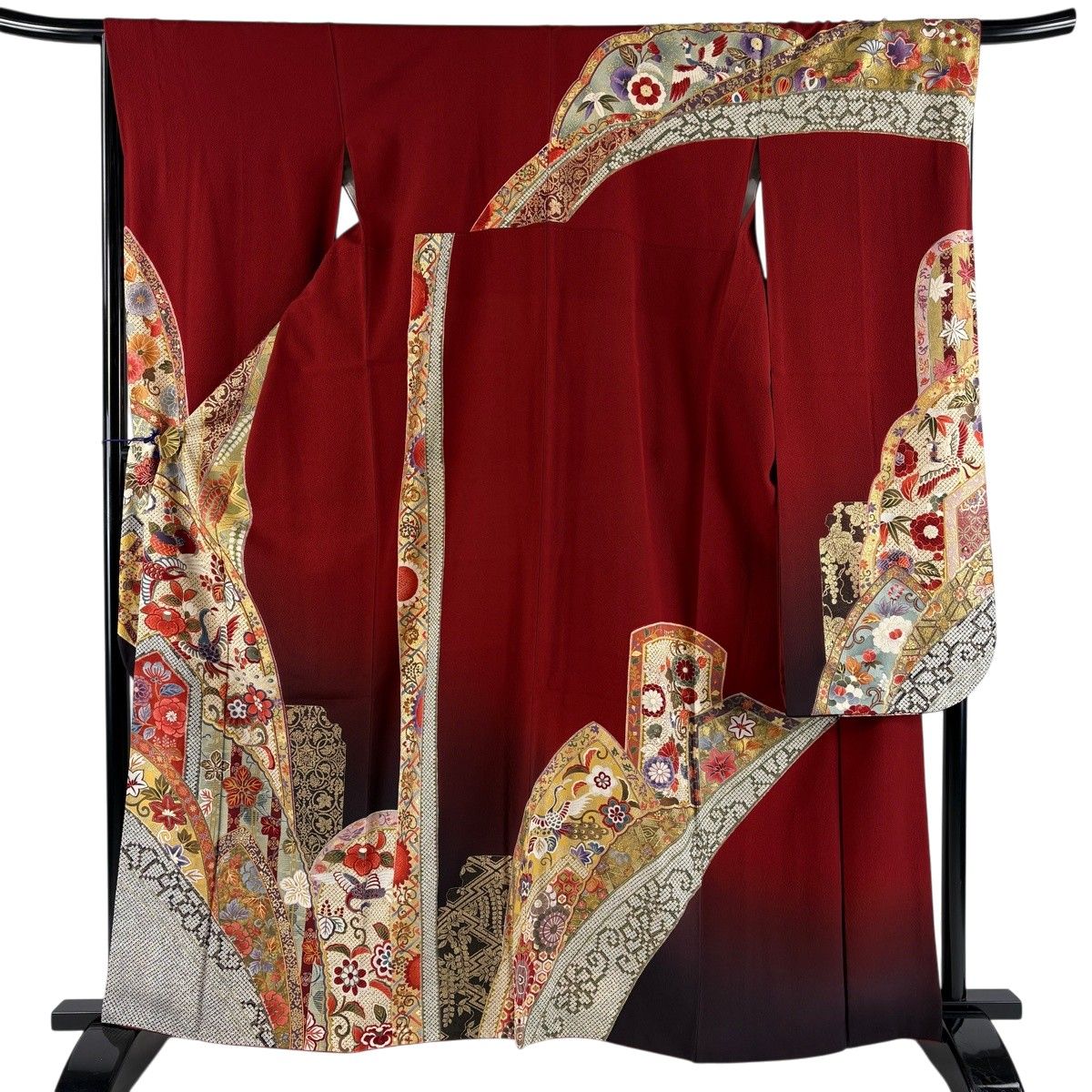 振袖 身丈163.5cm 裄丈67.5cm L 袷 花鳥 疋田 金彩 ぼかし 赤 正絹 秀品 【中古】