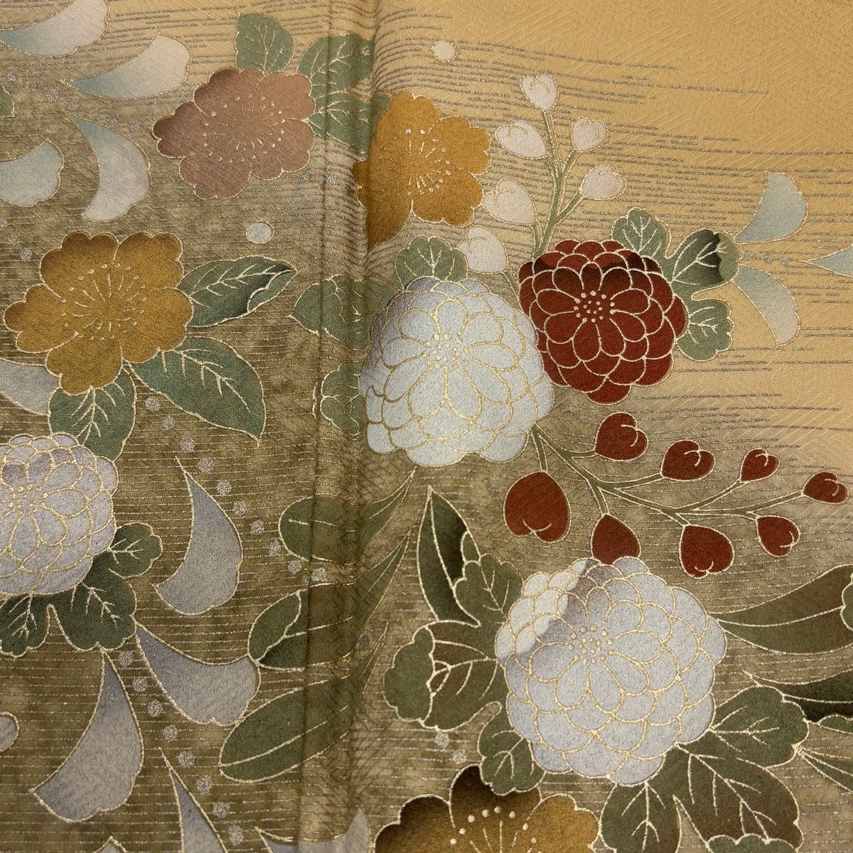 訪問着 身丈163.5cm 裄丈64cm M 袷 桜 菊 金銀彩 ぼかし 黄土色 正絹 